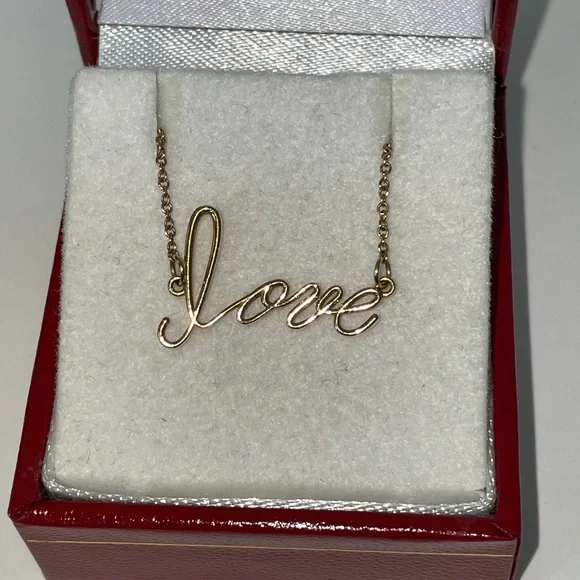 Solid Stamped14K Yellow Gold Word LOVE Cursive Script Text Necklace